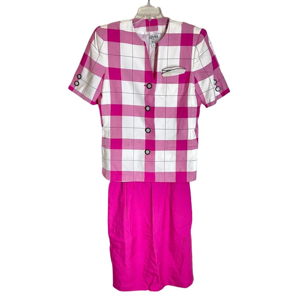 KASPER For ASL 2 Piece Suit Set VINTAGE Size 10 Skirt 12 Blazer Pink Plaid Check